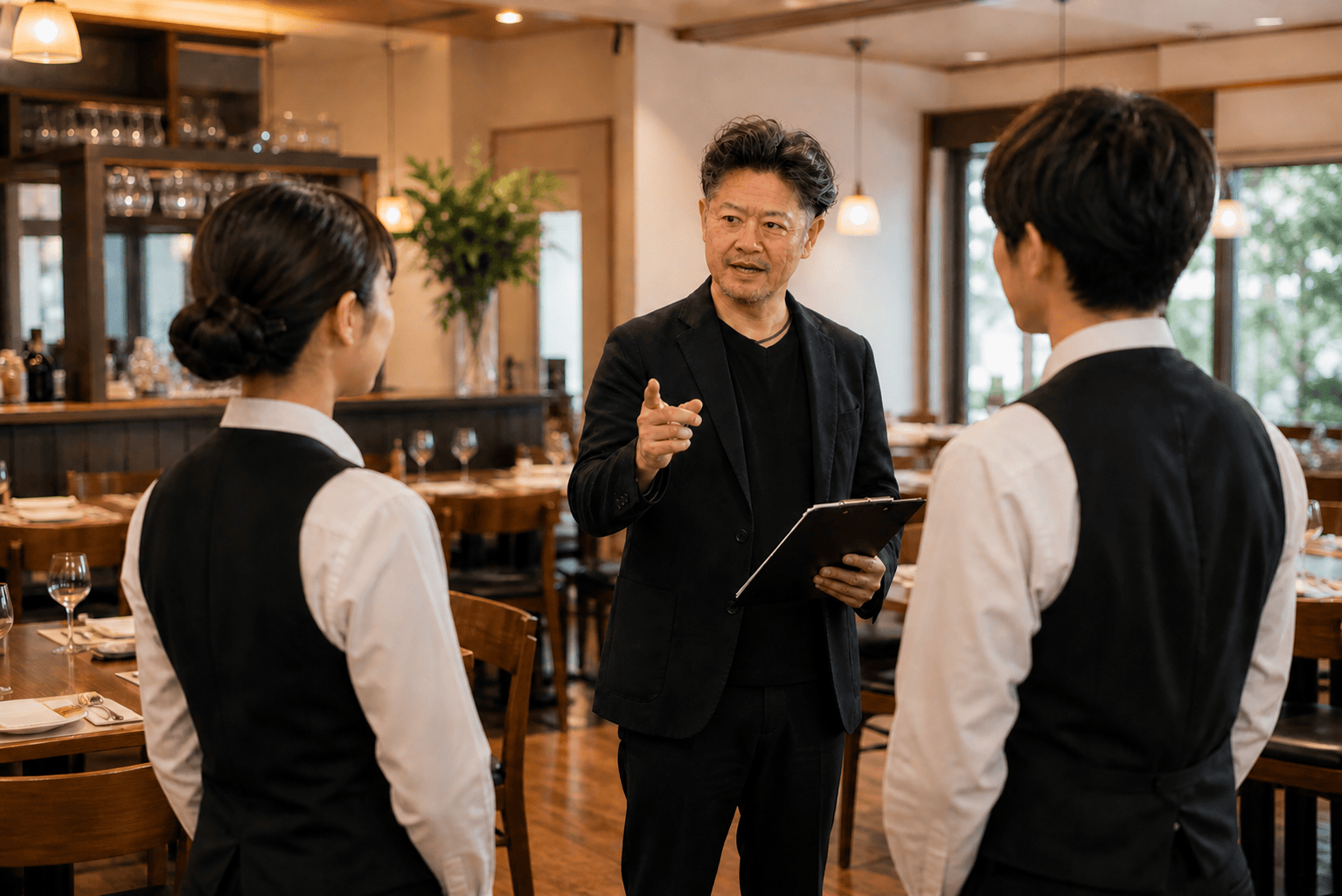 レストランの現場でスタッフに指示を出す様子