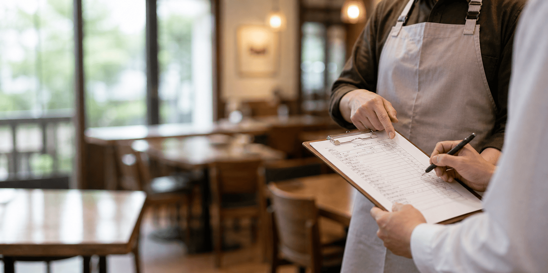 飲食店の現場でチェックリストを確認する様子